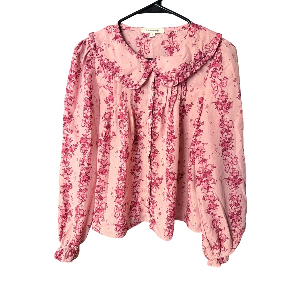 Francesca's Pink Floral Bow Peter Pan Collar Blouse Size S